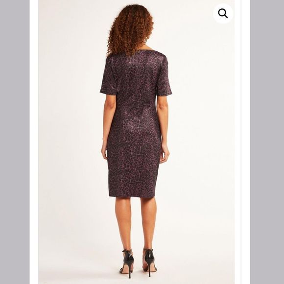 Elie Tahari Raveena Ruched Sheath Dress Aubergine Purple & Black Leopard Print 8 - Picture 3 of 13